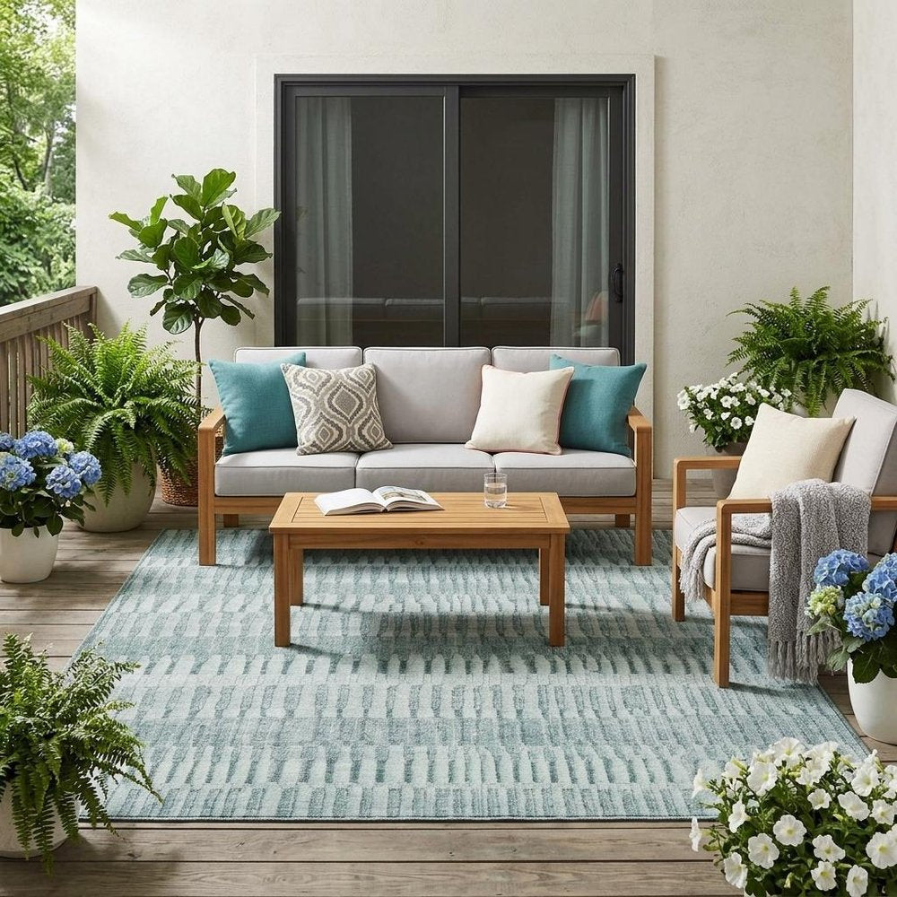 5' X 8' Aqua And Teal Blue Striped Washable Indoor Outdoor Area Rug HomeRoots
