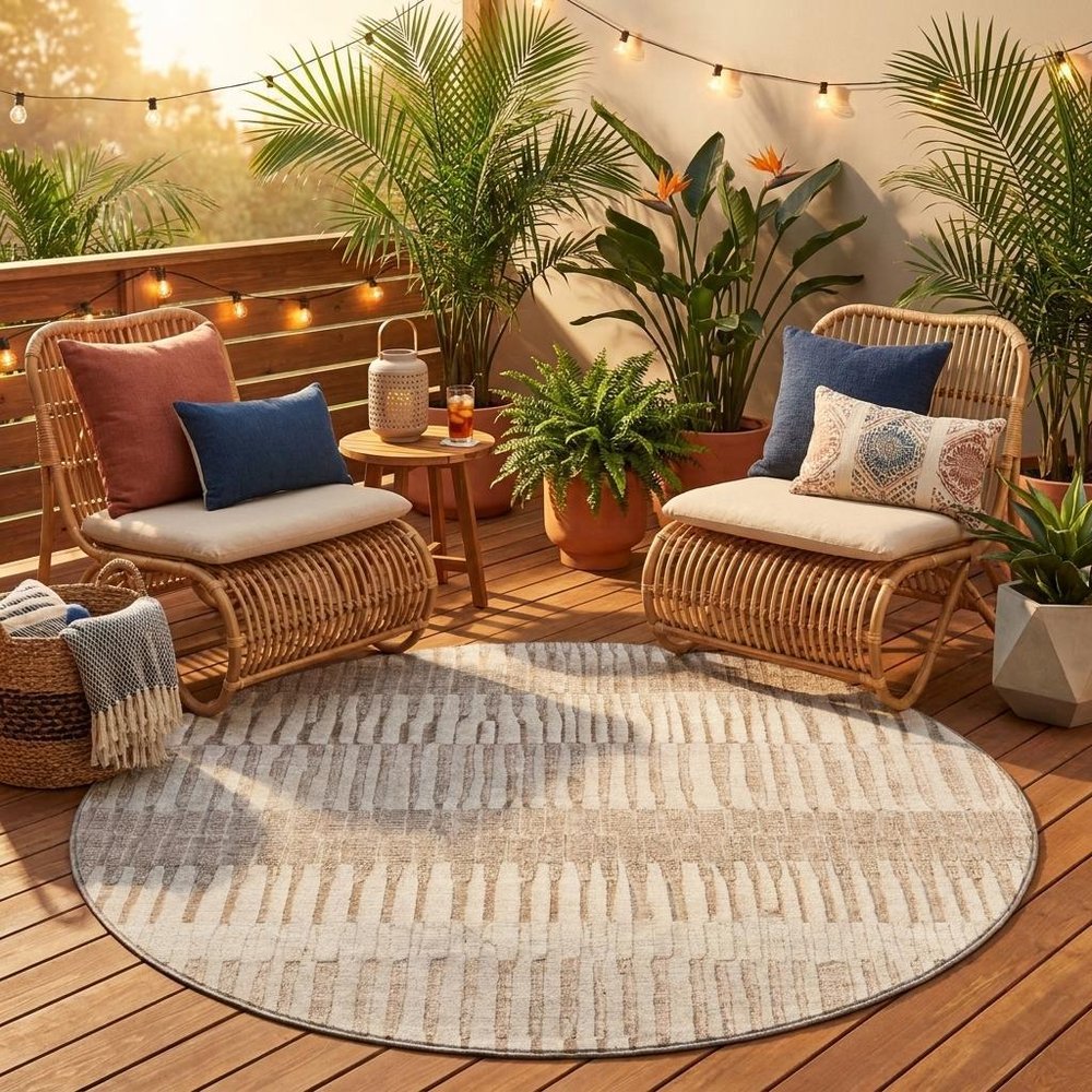 8' Beige And Brown Round Striped Washable Indoor Outdoor Area Rug HomeRoots