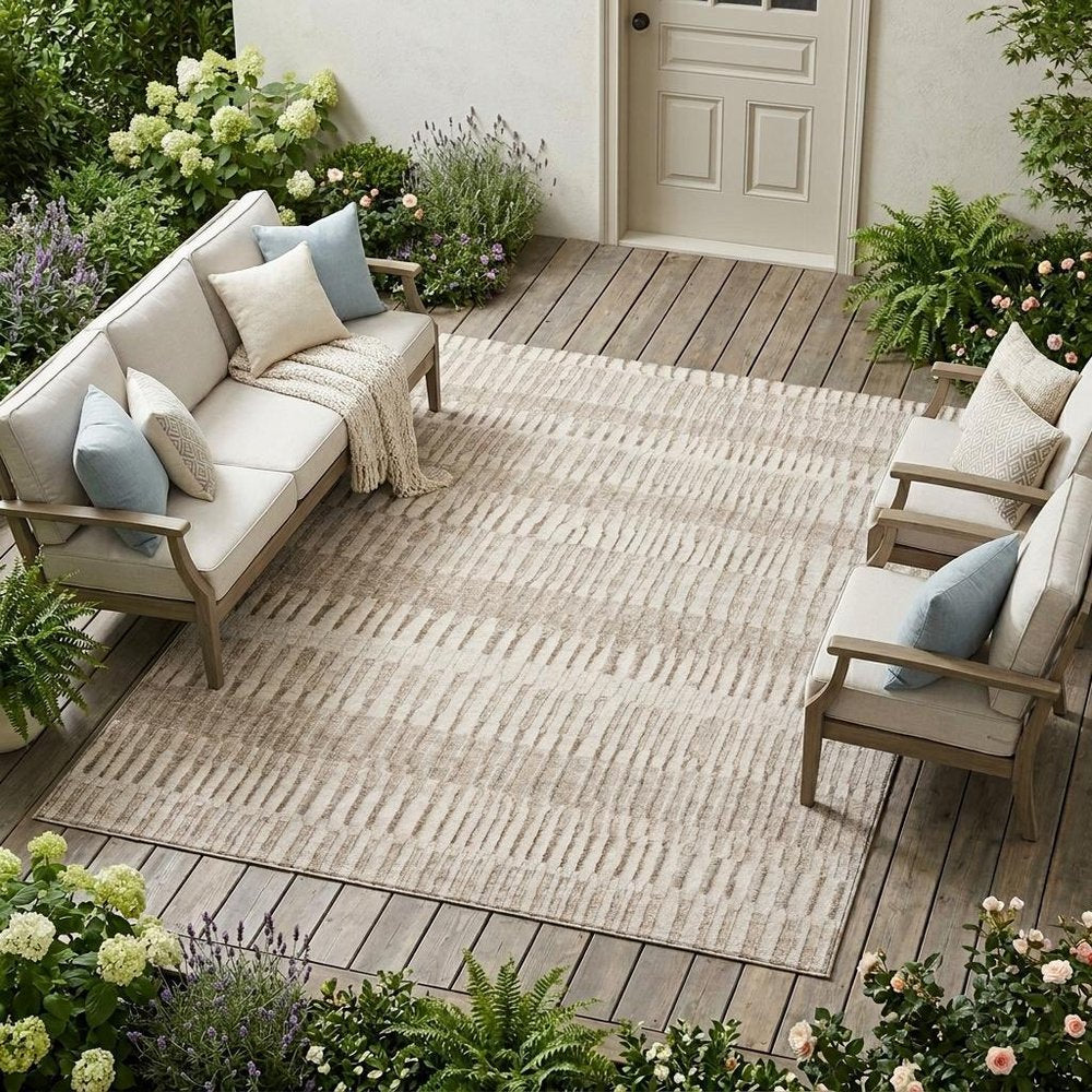 8' X 10' Beige And Brown Striped Washable Indoor Outdoor Area Rug HomeRoots