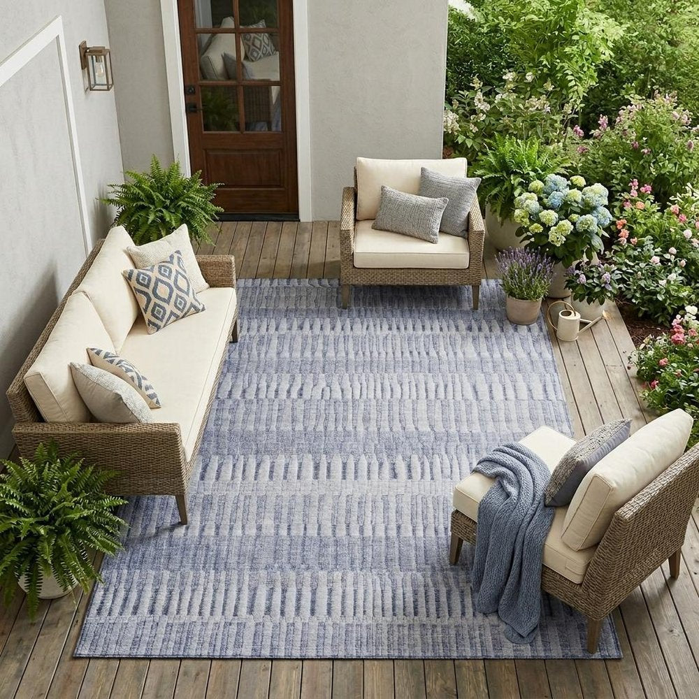 8' X 10' Sky Blue And Blue Striped Washable Indoor Outdoor Area Rug HomeRoots