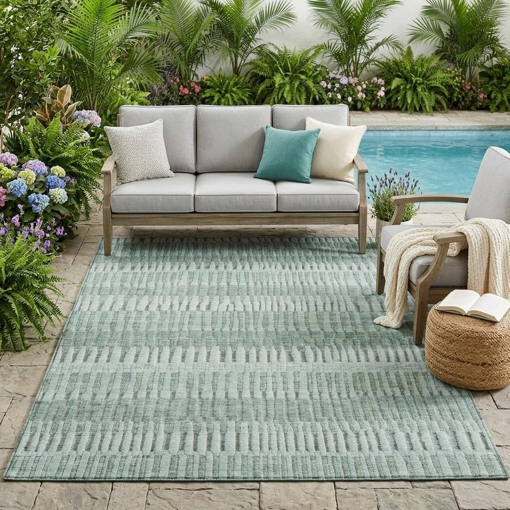 5' X 8' Teal Blue And Silver Striped Washable Indoor Outdoor Area Rug HomeRoots