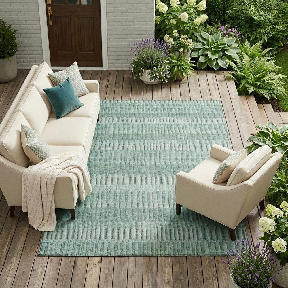 9' X 12' Teal Blue And Silver Striped Washable Indoor Outdoor Area Rug HomeRoots