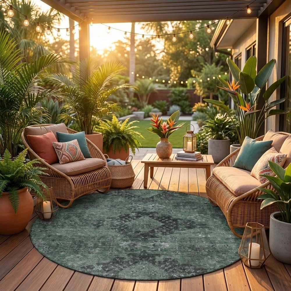 8' Mint Green And Green Round Oriental Washable Indoor Outdoor Area Rug HomeRoots