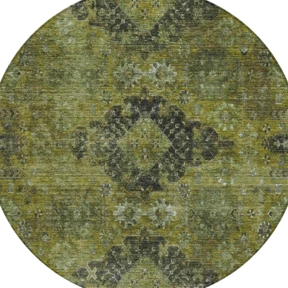 8' Olive Green And Green Round Oriental Washable Indoor Outdoor Area Rug