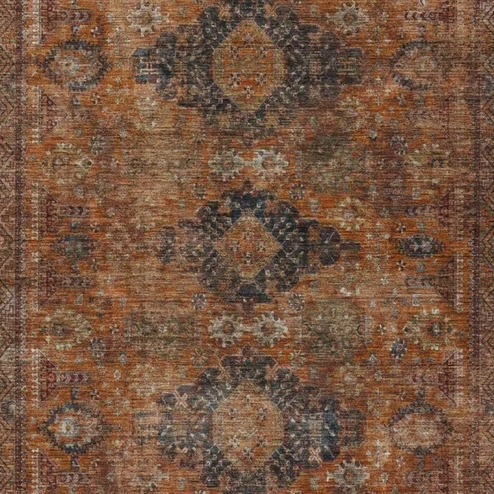 9' X 12' Rust And Orange Oriental Washable Indoor Outdoor Area Rug