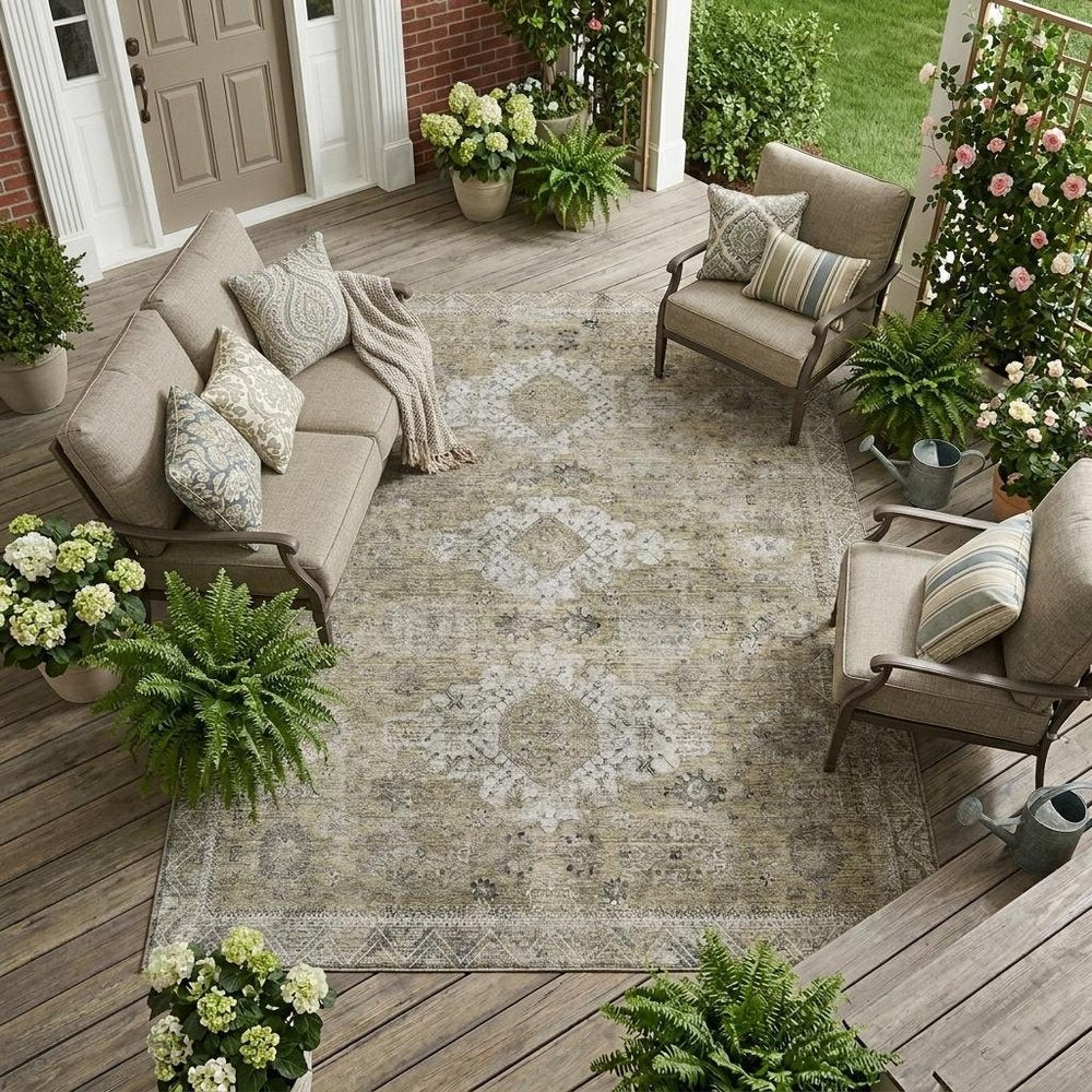 8' X 10' Beige And Brown Oriental Washable Indoor Outdoor Area Rug HomeRoots