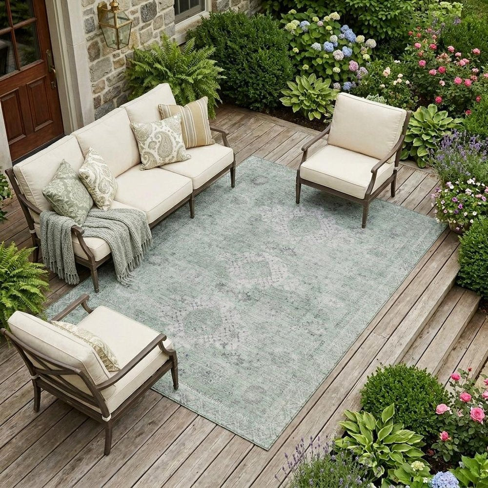 9' X 12' Mint Green And Green Oriental Washable Indoor Outdoor Area Rug HomeRoots