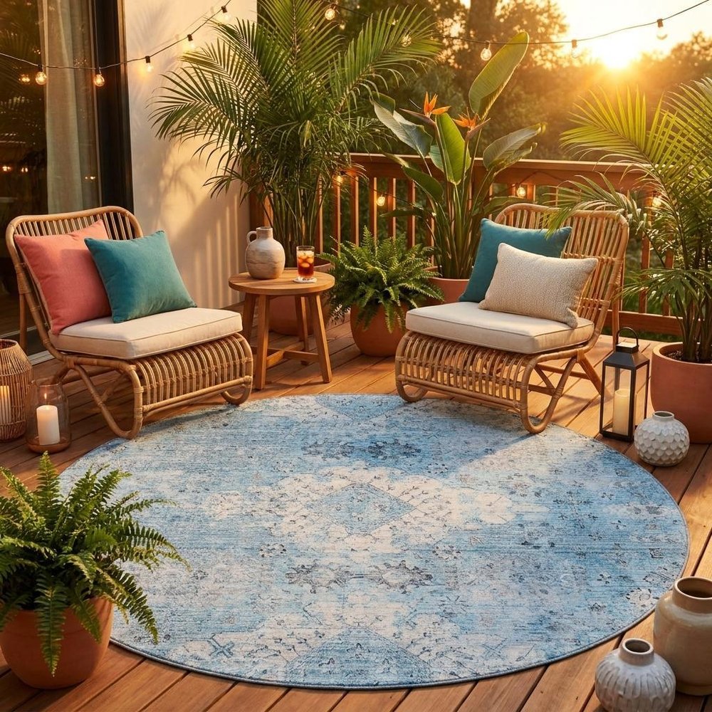 8' Sky Blue And Blue Round Oriental Washable Indoor Outdoor Area Rug HomeRoots