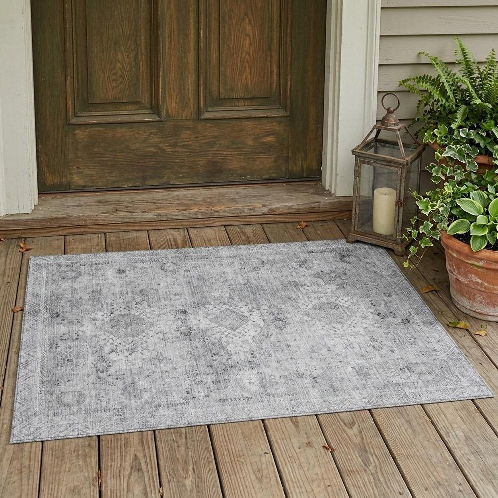 3' X 5' Silver And Gray Oriental Washable Indoor Outdoor Area Rug HomeRoots
