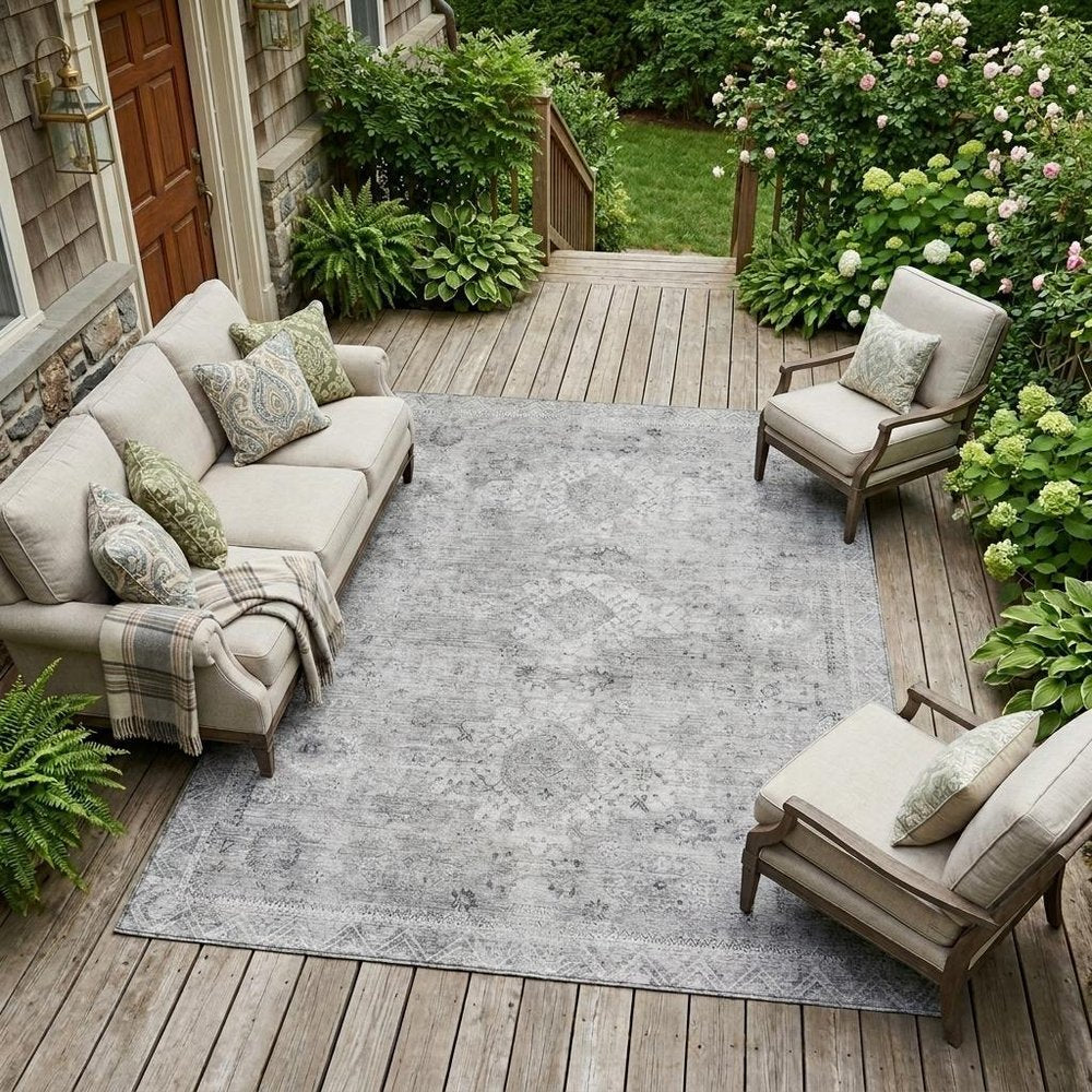 9' X 12' Silver And Gray Oriental Washable Indoor Outdoor Area Rug HomeRoots