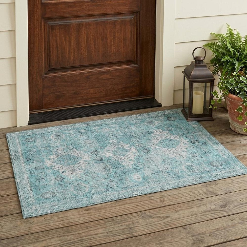 3' X 5' Turquoise And Teal Blue Oriental Washable Indoor Outdoor Area Rug HomeRoots