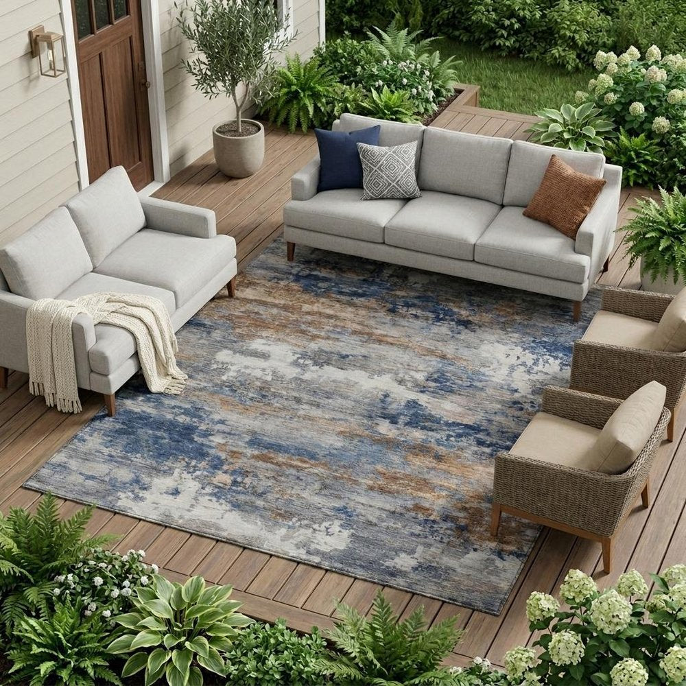 10' X 14' Blue And Graphite Abstract Washable Indoor Outdoor Area Rug HomeRoots