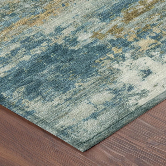 9' X 12' Teal Blue And Green Abstract Washable Indoor Outdoor Area Rug