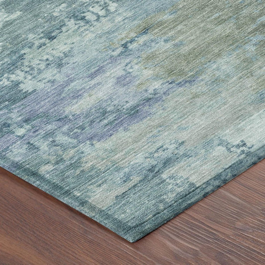 9' X 12' Teal Blue And Silver Abstract Washable Indoor Outdoor Area Rug