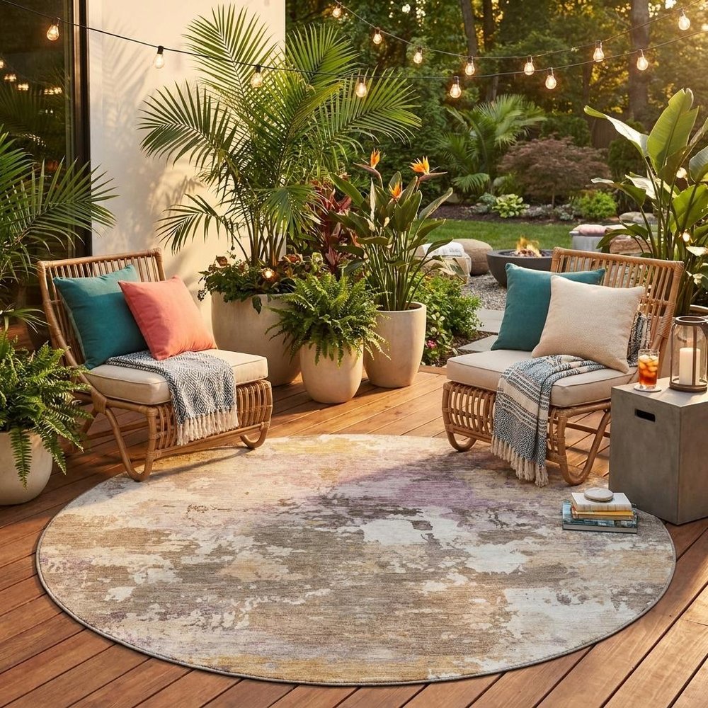 8' Taupe And Brown Round Abstract Washable Indoor Outdoor Area Rug HomeRoots