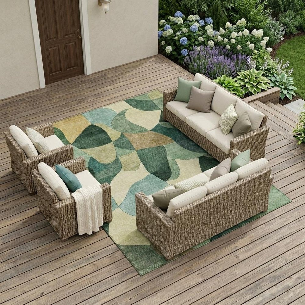10' X 14' Green And Beige Abstract Washable Indoor Outdoor Area Rug HomeRoots