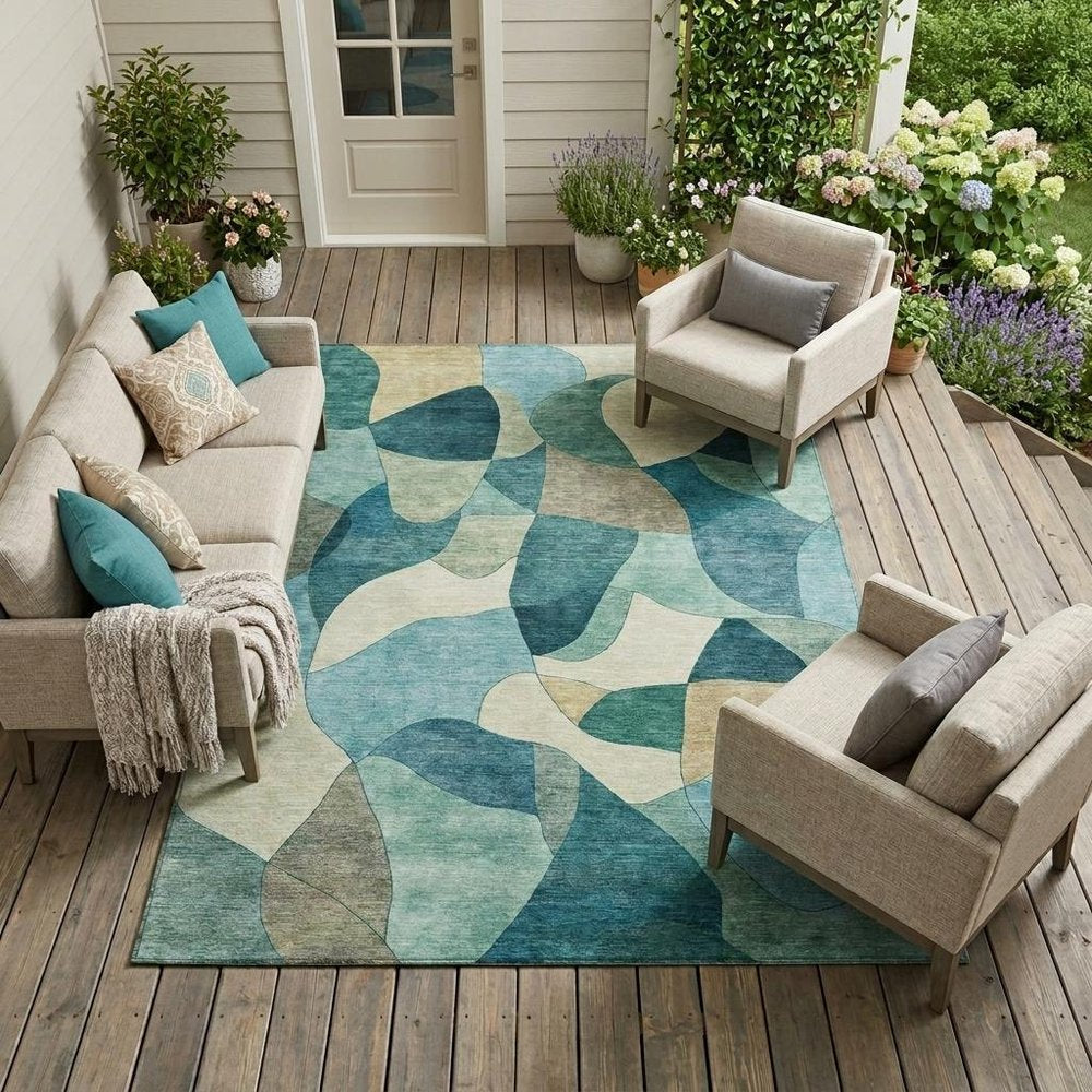 9' X 12' Teal Blue And Beige Abstract Washable Indoor Outdoor Area Rug HomeRoots