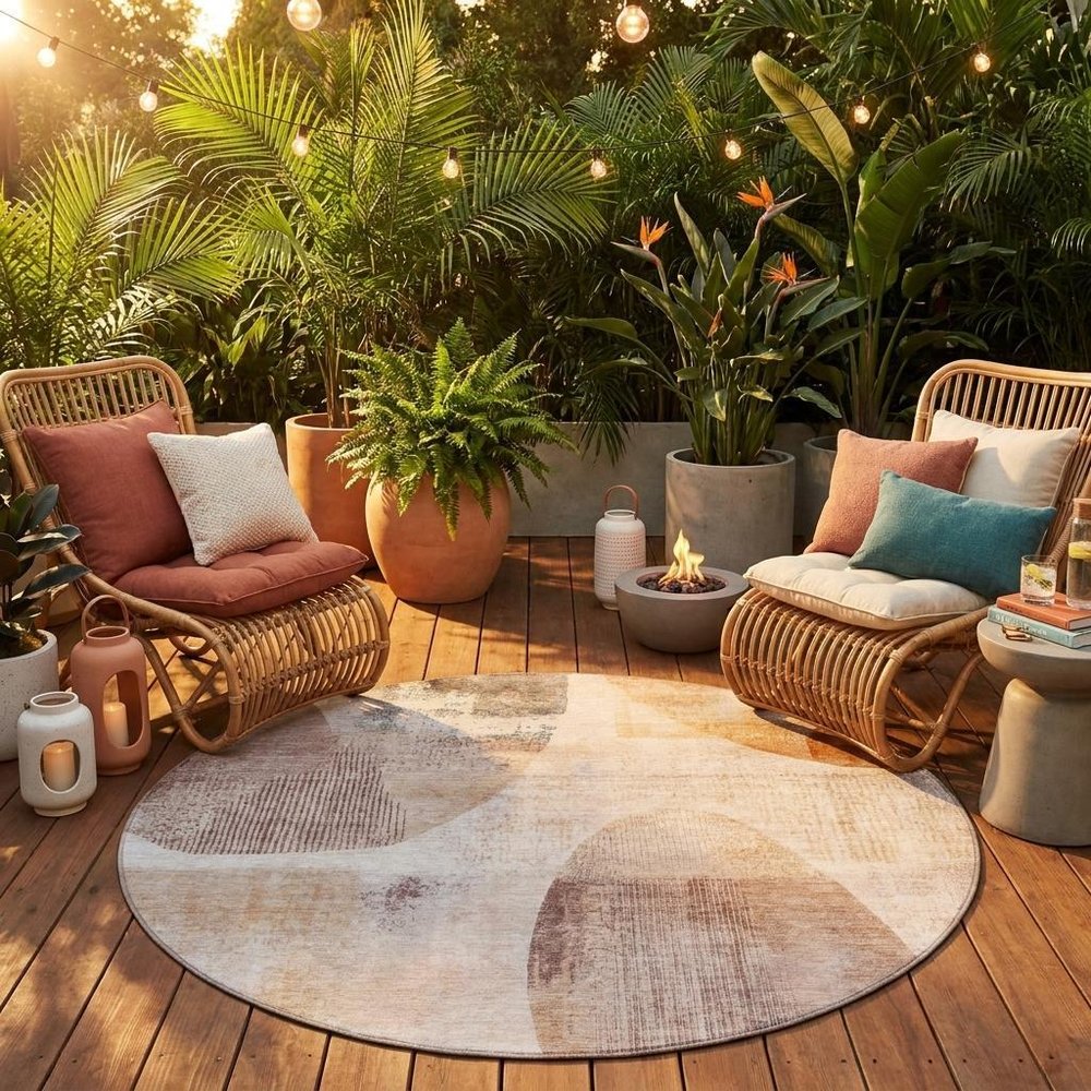 8' Copper And Orange Round Geometric Washable Indoor Outdoor Area Rug HomeRoots