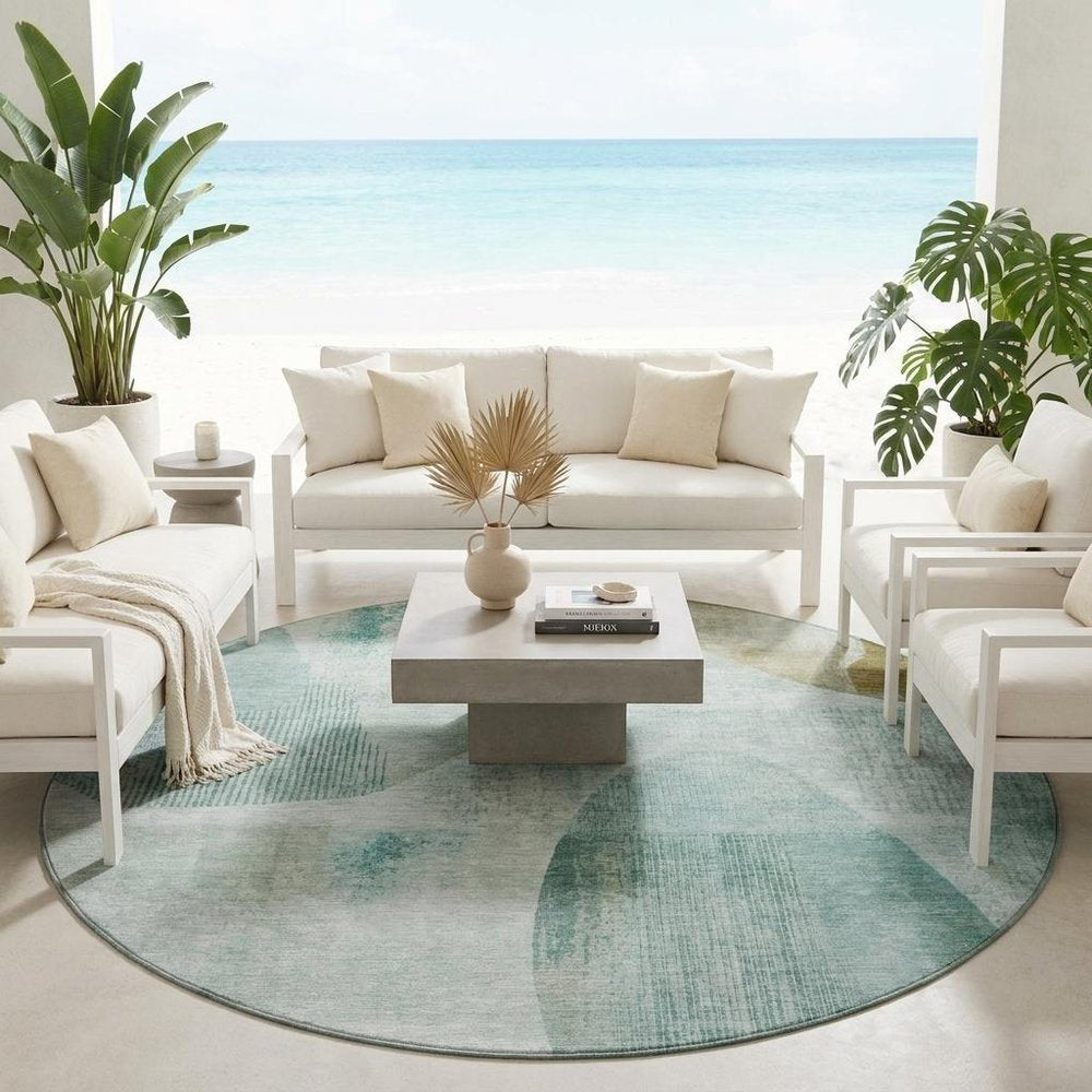 8' Teal Blue And Silver Round Geometric Washable Indoor Outdoor Area Rug HomeRoots