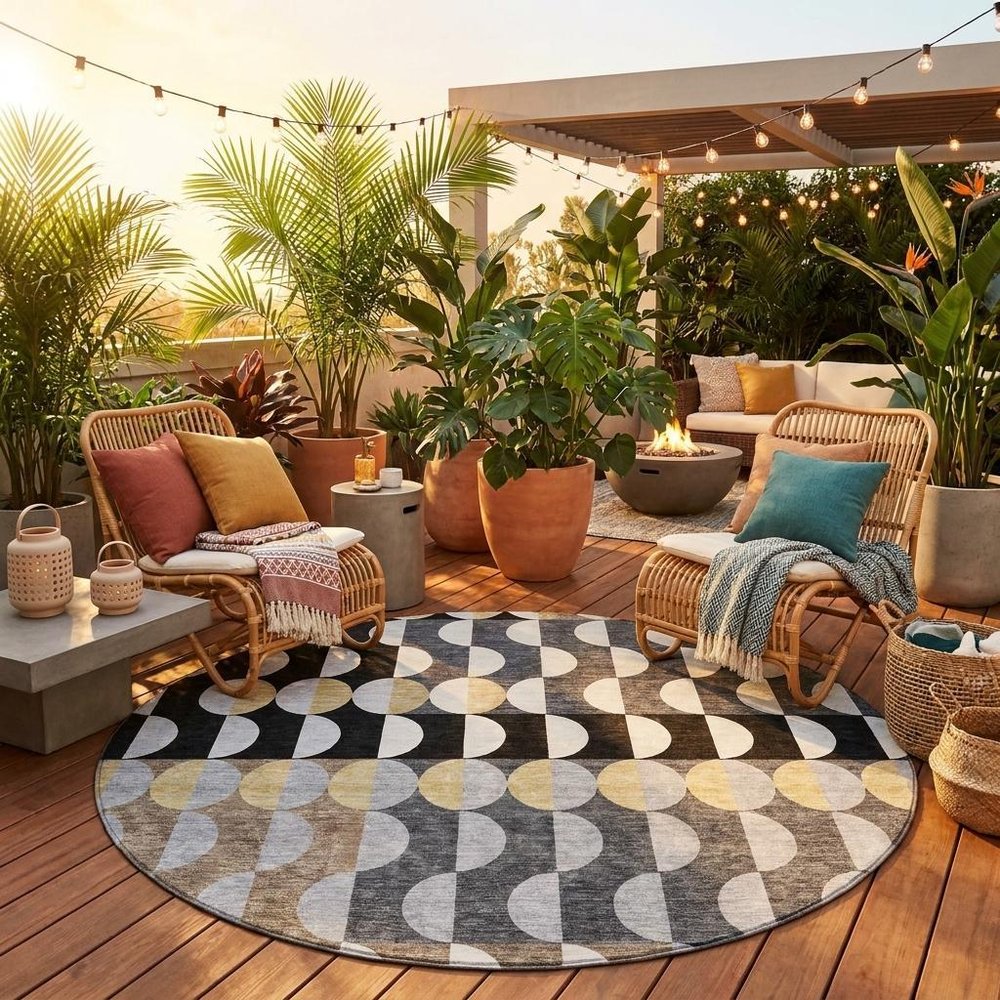 8' Black And Silver Round Geometric Washable Indoor Outdoor Area Rug HomeRoots