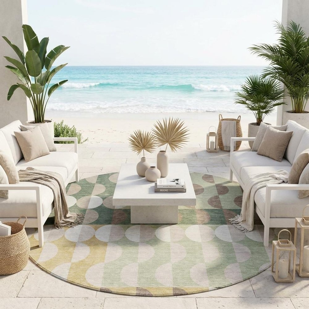 8' Green And Ivory Round Geometric Washable Indoor Outdoor Area Rug HomeRoots