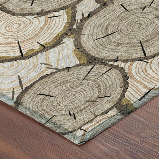 8' Khaki And Brown Round Faux Bois Washable Indoor Outdoor Area Rug