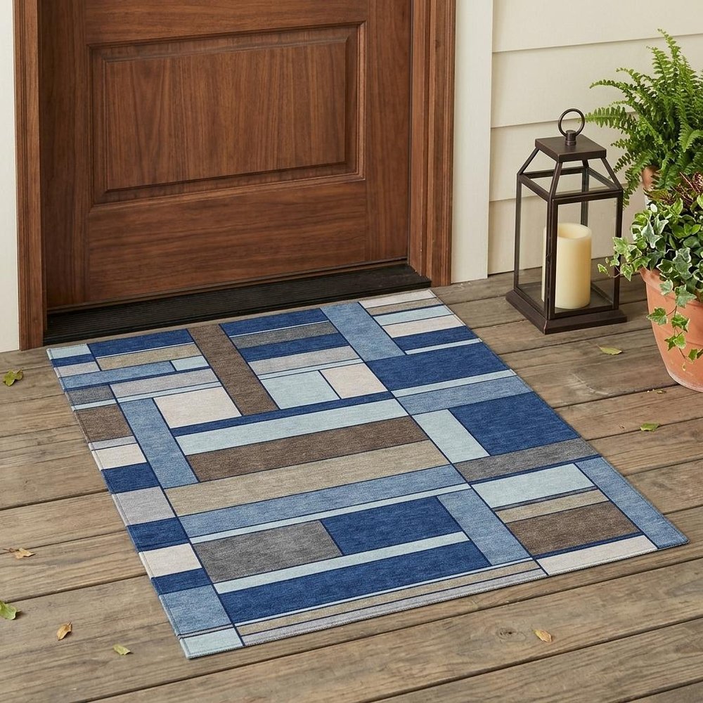 3' X 5' Blue And Chocolate Geometric Washable Indoor Outdoor Area Rug HomeRoots