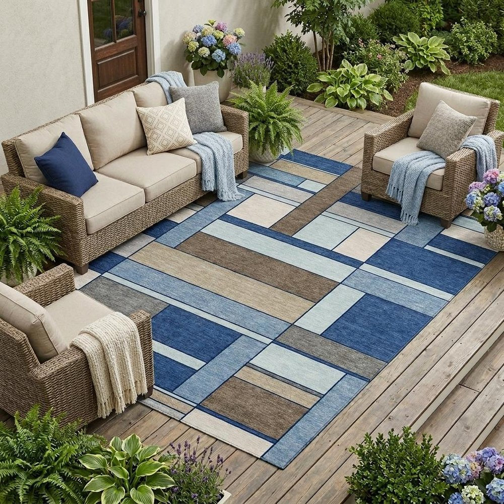 8' X 10' Blue And Chocolate Geometric Washable Indoor Outdoor Area Rug HomeRoots