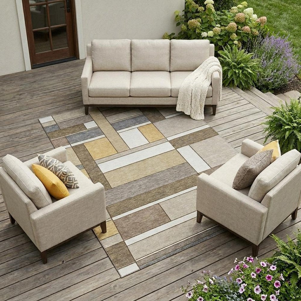 10' X 14' Beige And Brown Geometric Washable Indoor Outdoor Area Rug HomeRoots