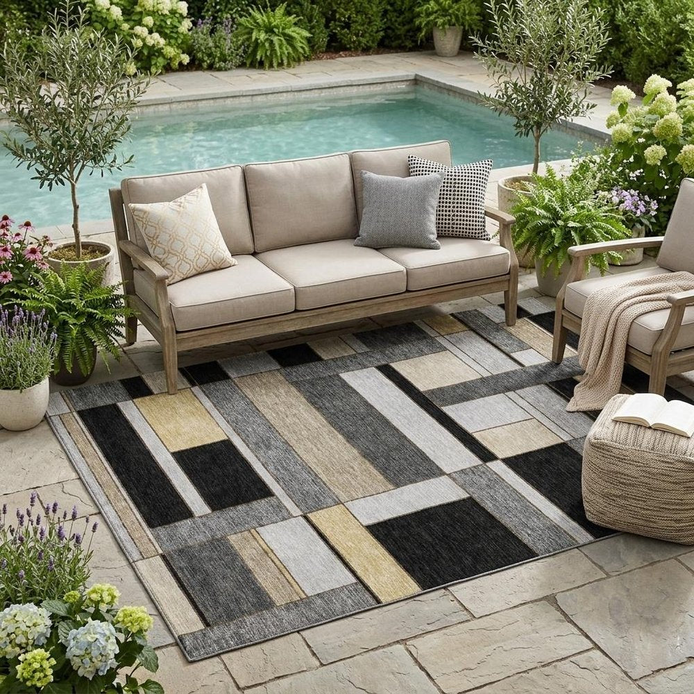 5' X 8' Black And Graphite Geometric Washable Indoor Outdoor Area Rug HomeRoots