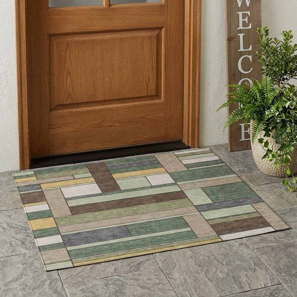 3' X 5' Green And Beige Geometric Washable Indoor Outdoor Area Rug HomeRoots