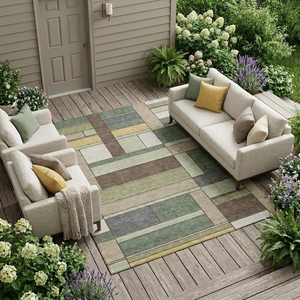9' X 12' Green And Beige Geometric Washable Indoor Outdoor Area Rug HomeRoots
