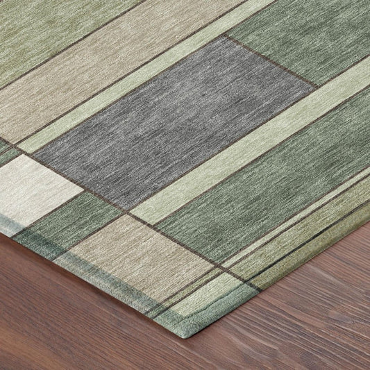 9' X 12' Green And Beige Geometric Washable Indoor Outdoor Area Rug
