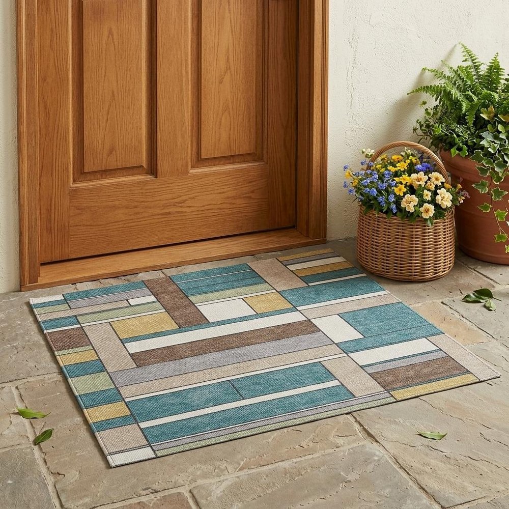 3' X 5' Teal Blue And Beige Geometric Washable Indoor Outdoor Area Rug HomeRoots