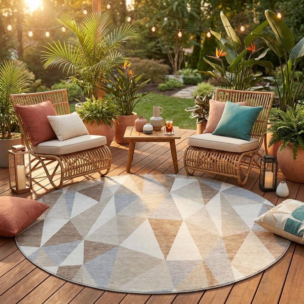 8' Ivory And Silver Round Geometric Washable Indoor Outdoor Area Rug HomeRoots