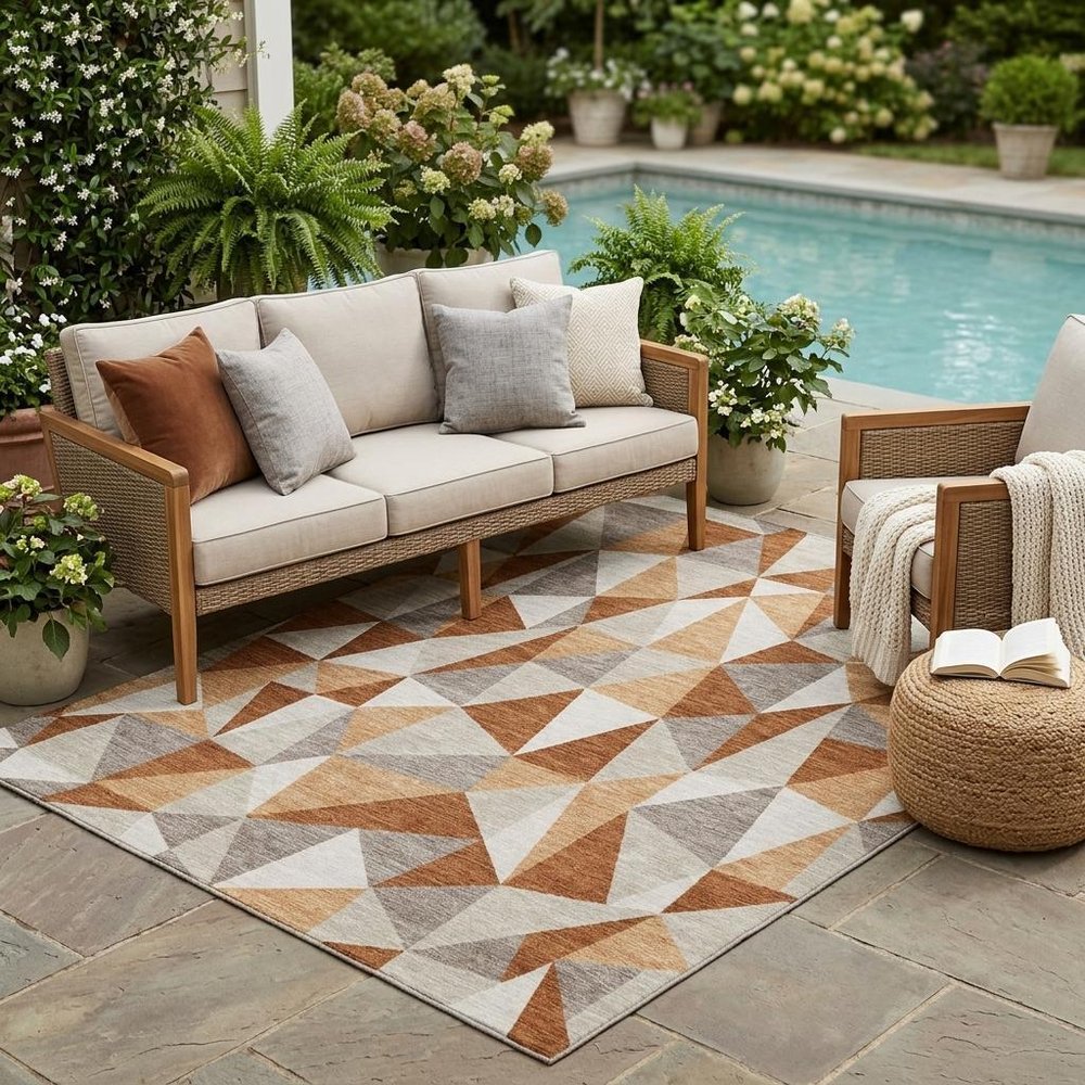 5' X 8' Orange And Brown Geometric Washable Indoor Outdoor Area Rug HomeRoots