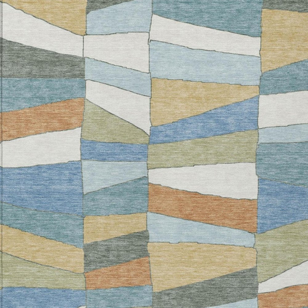 3' X 5' Blue And Ivory Geometric Washable Indoor Outdoor Area Rug