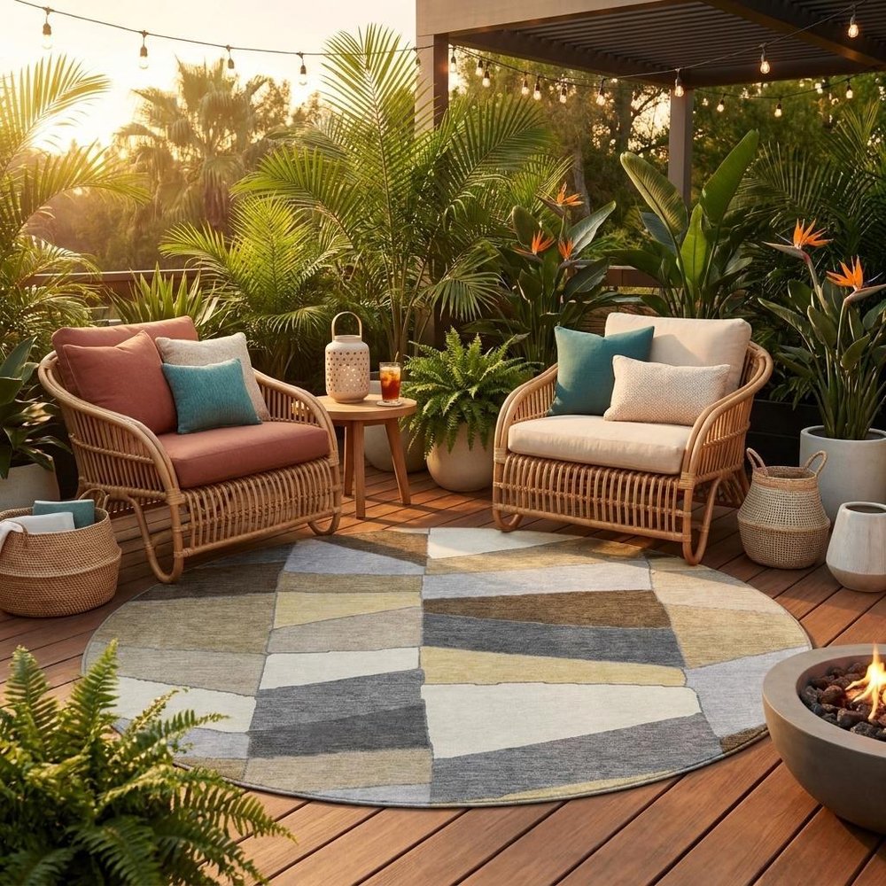 8' Chocolate And Brown Round Geometric Washable Indoor Outdoor Area Rug HomeRoots