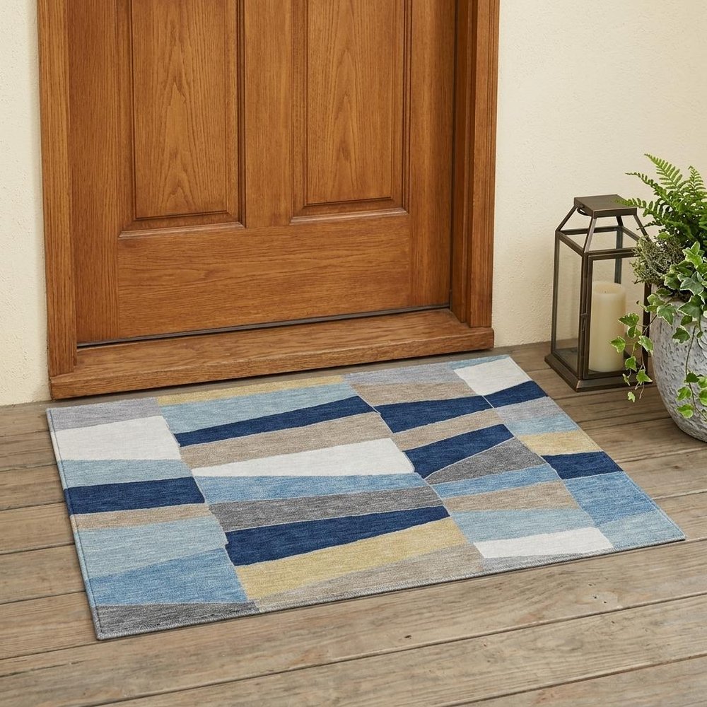 3' X 5' Navy Blue And Blue Geometric Washable Indoor Outdoor Area Rug HomeRoots