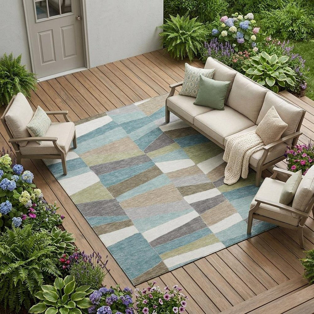 8' X 10' Teal Blue And Beige Geometric Washable Indoor Outdoor Area Rug HomeRoots