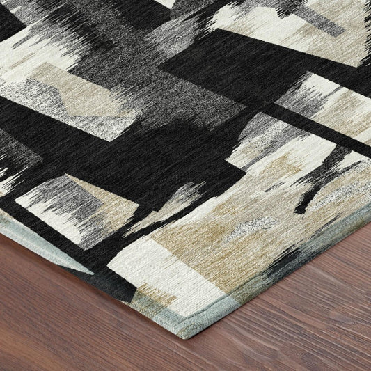10' X 14' Black And Graphite Abstract Washable Indoor Outdoor Area Rug