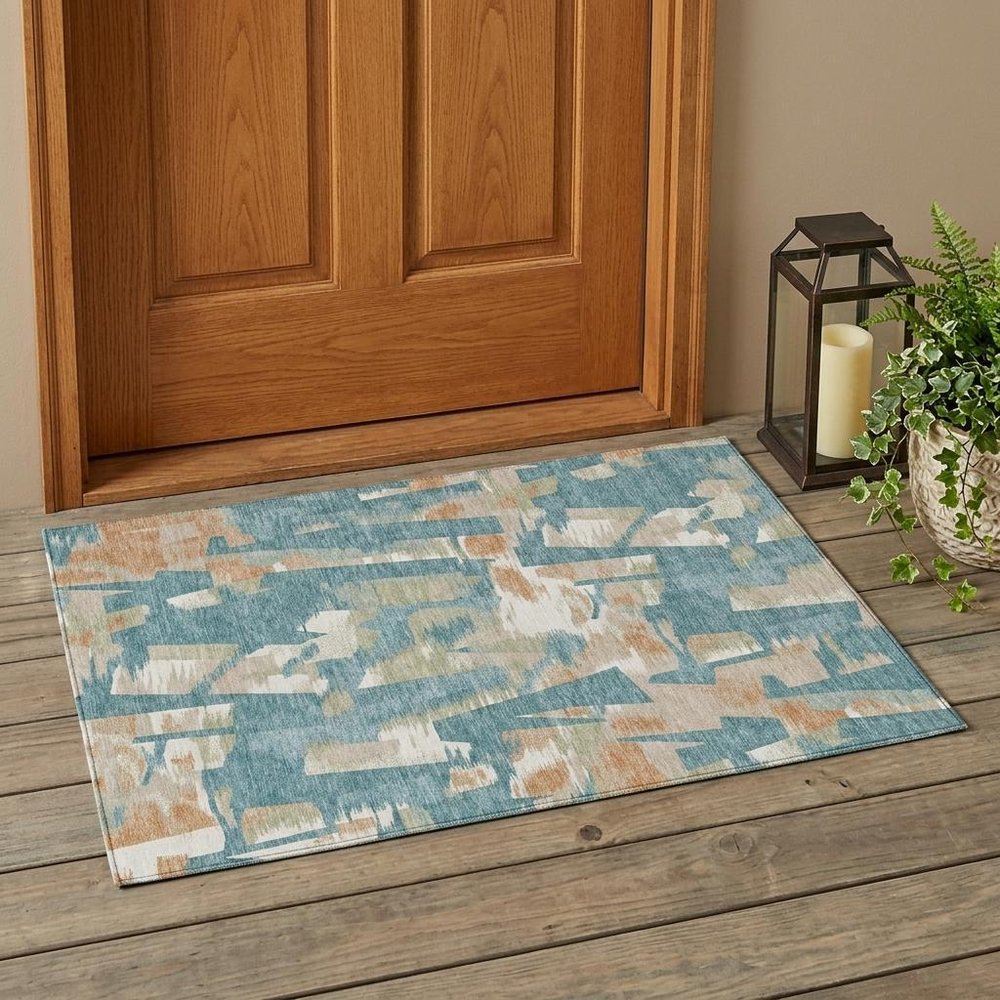 3' X 5' Teal Blue And Beige Abstract Washable Indoor Outdoor Area Rug HomeRoots