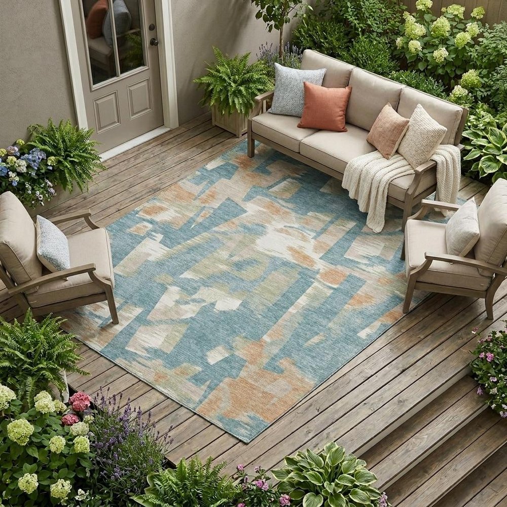 9' X 12' Teal Blue And Beige Abstract Washable Indoor Outdoor Area Rug HomeRoots