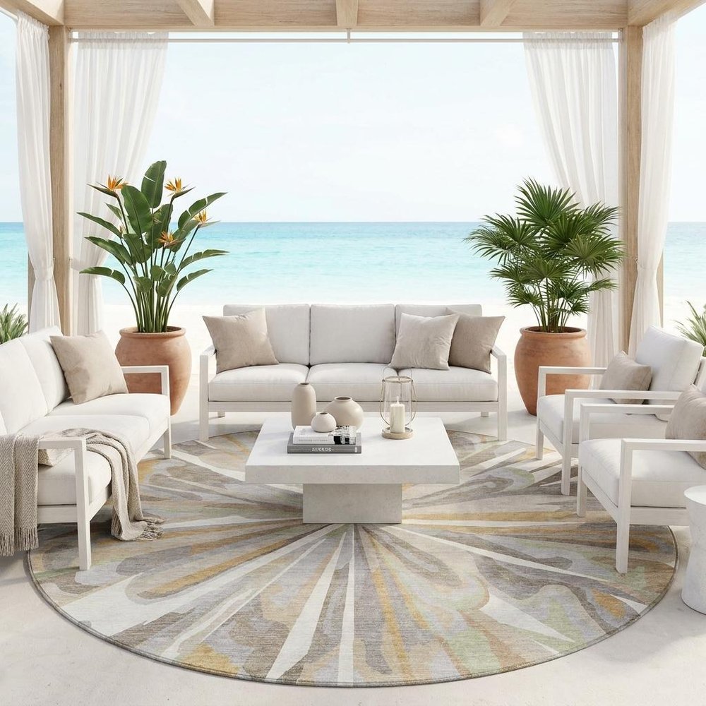 8' Ivory And Silver Round Abstract Washable Indoor Outdoor Area Rug HomeRoots