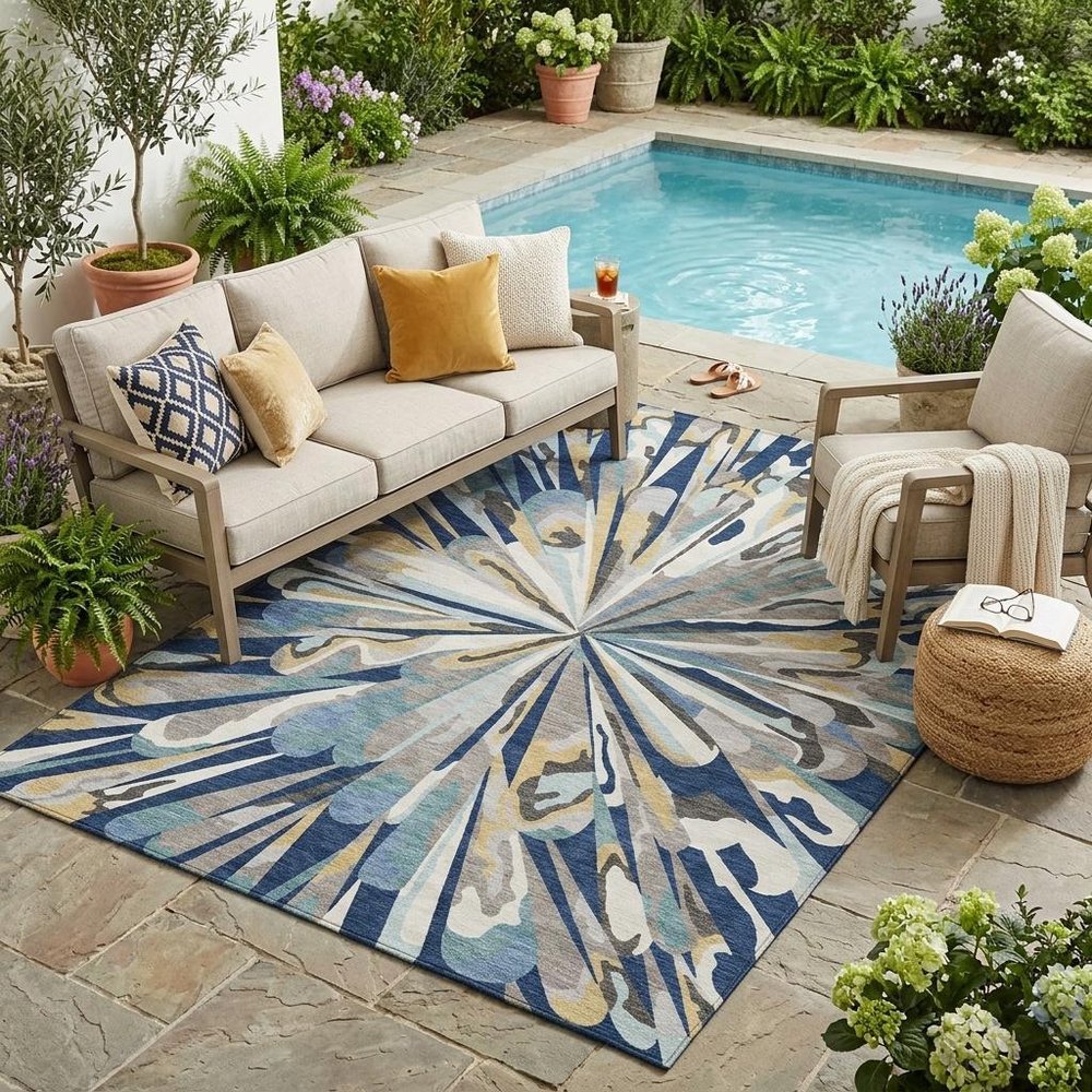 5' X 8' Navy Blue And Blue Abstract Washable Indoor Outdoor Area Rug HomeRoots