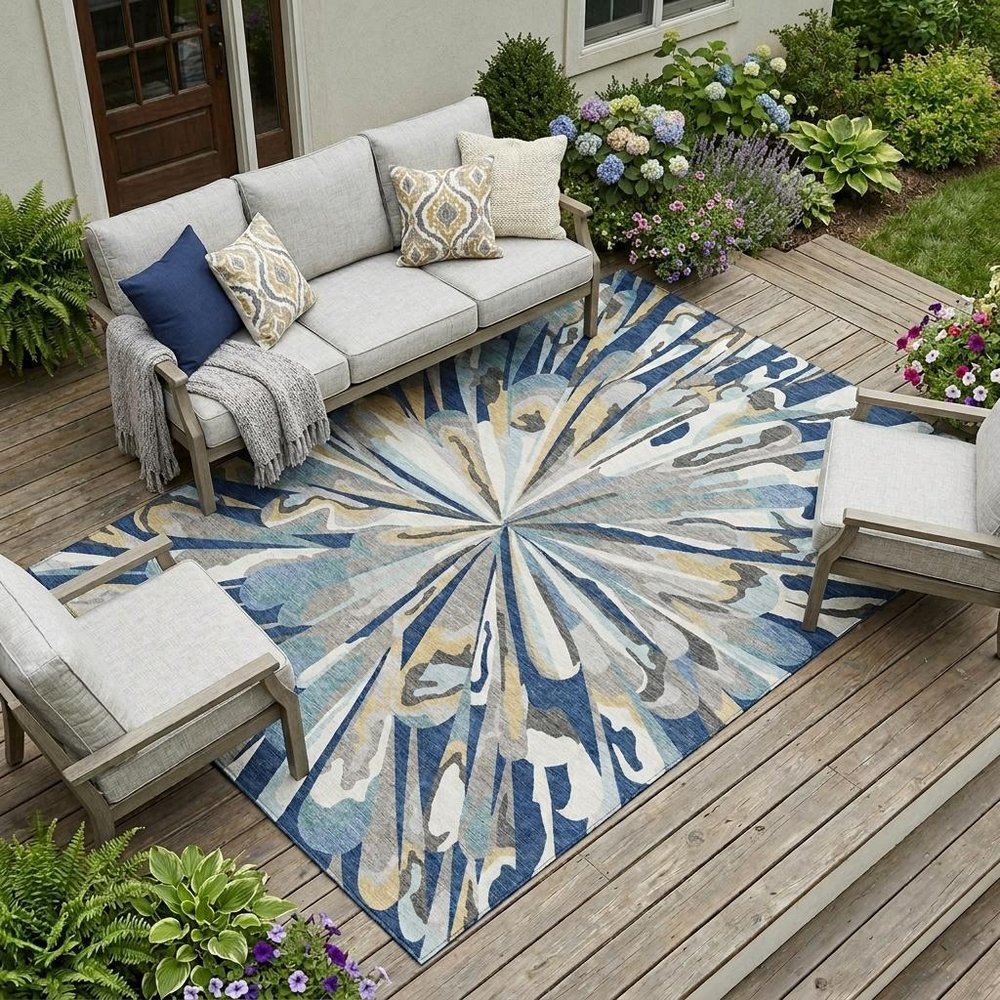 9' X 12' Navy Blue And Blue Abstract Washable Indoor Outdoor Area Rug HomeRoots