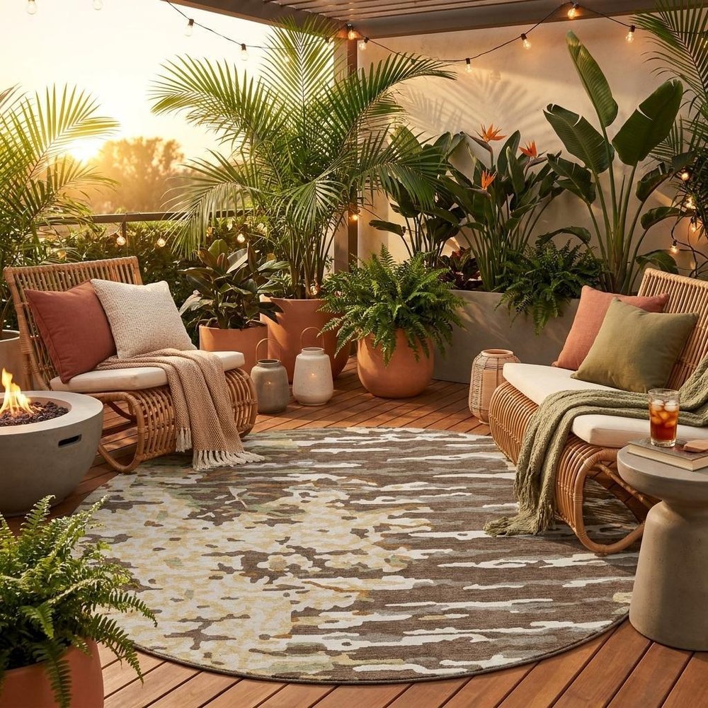8' Coffee And Brown Round Abstract Washable Indoor Outdoor Area Rug HomeRoots
