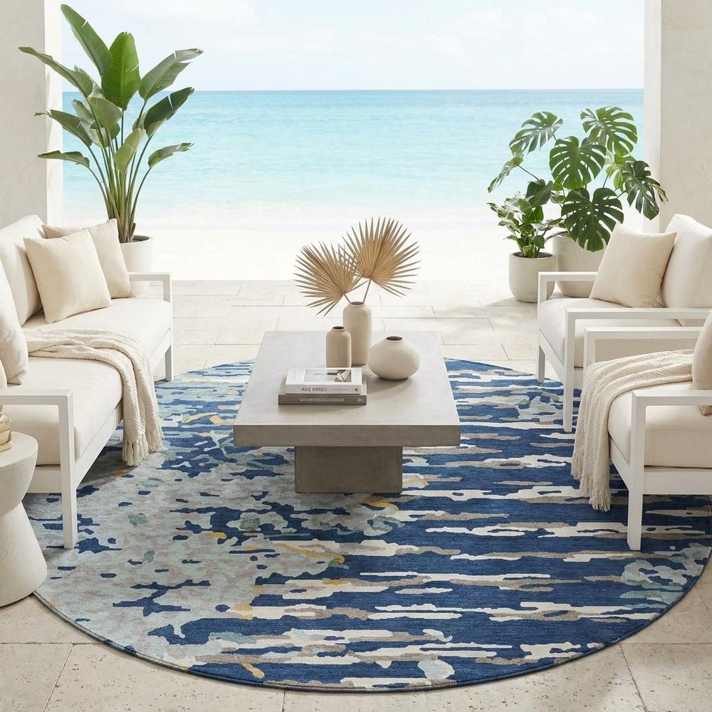 8' Navy Blue And Blue Round Abstract Washable Indoor Outdoor Area Rug HomeRoots