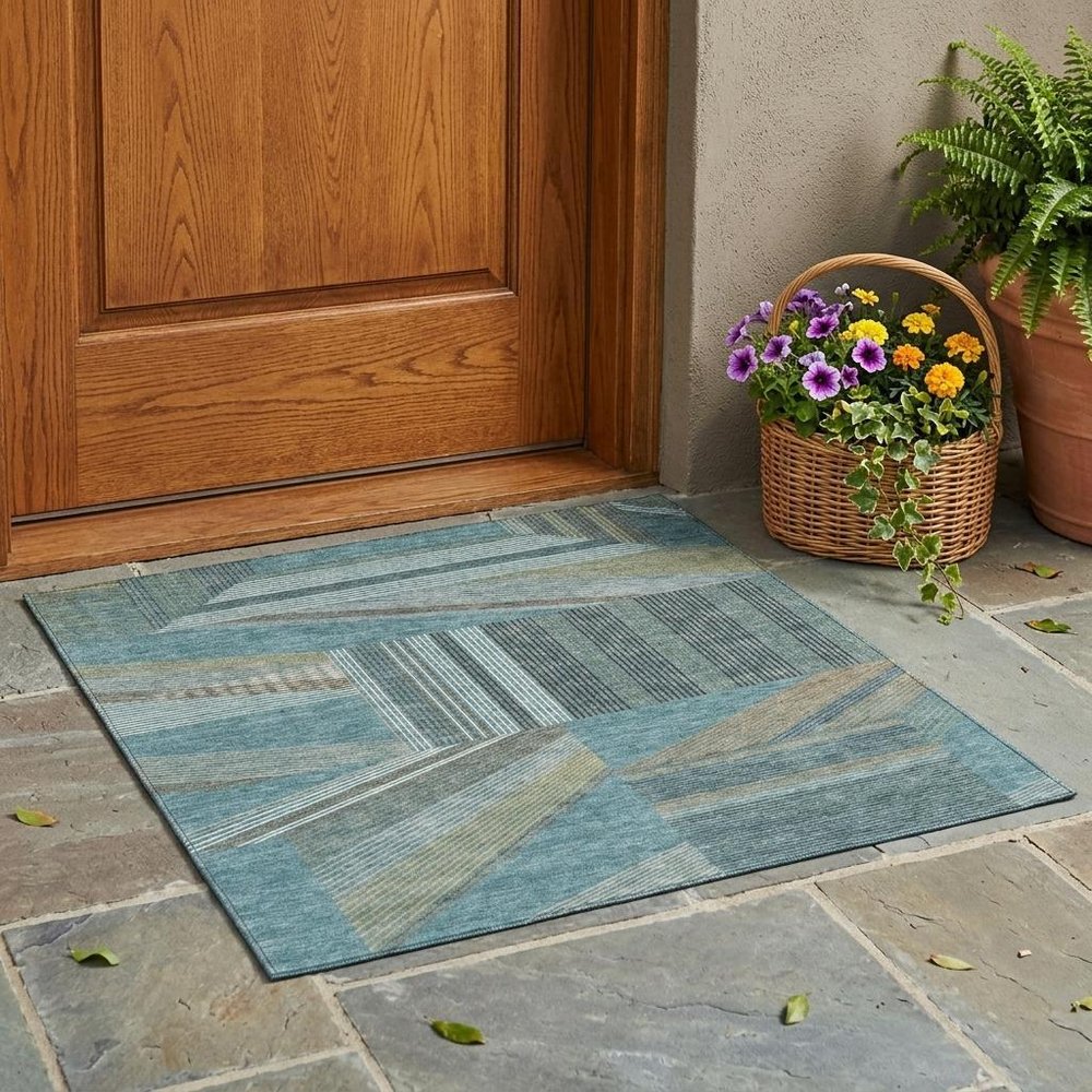 3' X 5' Teal Blue And Graphite Geometric Washable Indoor Outdoor Area Rug HomeRoots