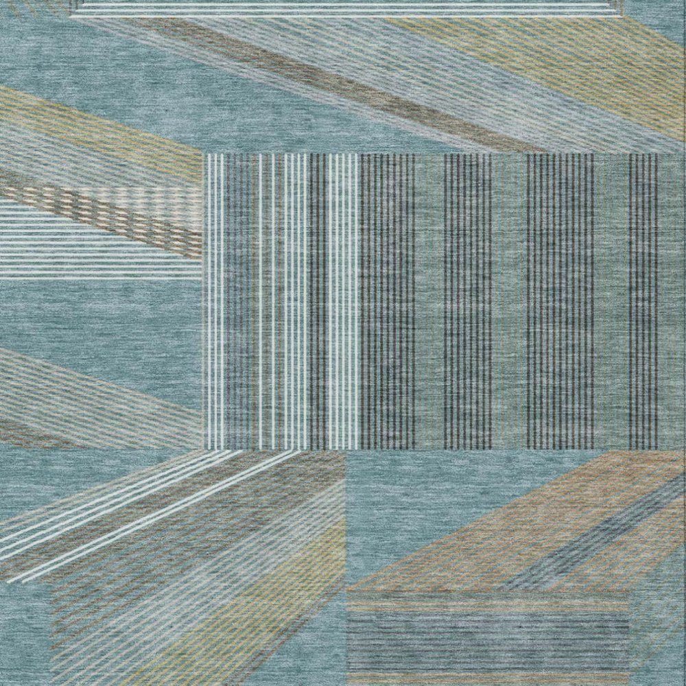 8' X 10' Teal Blue And Graphite Geometric Washable Indoor Outdoor Area Rug